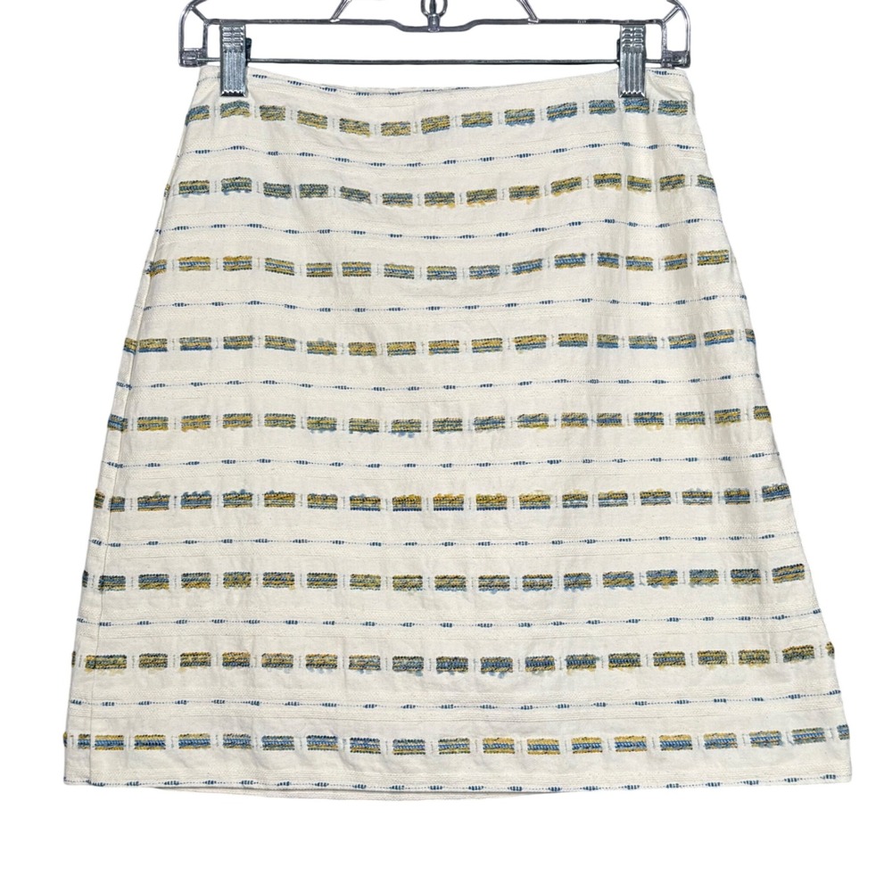 LOFT Women Cream Blue Mustard Textured Tufted Striped A-Line Mini Skirt Size 0
